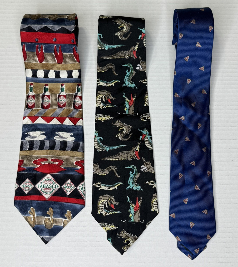 Novelty Designer Tie Lot 3 Tabasco J.Crew Pizza Crocodile A. Rogers Neckties